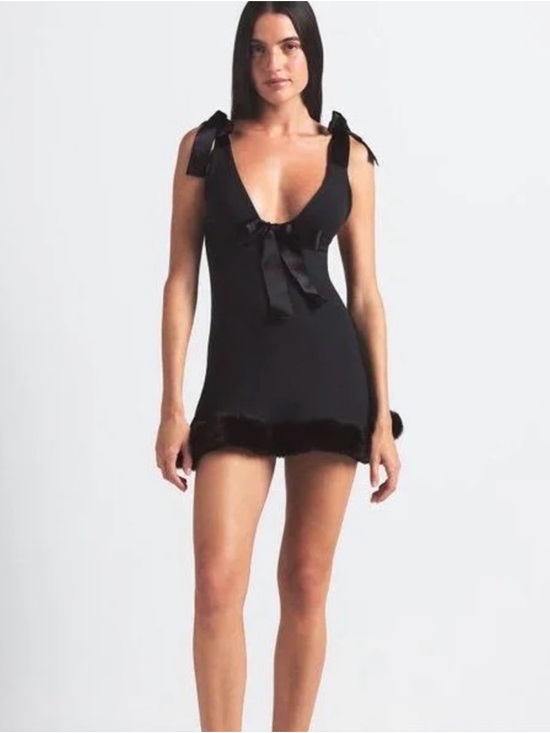 SKIMS Dresses & Skirts - Skims Cloud Mini Dress Onyx Black Satin Trim Bow Detail Size XL NWT Limited